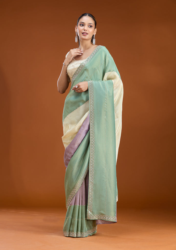 Teal Green Tissue Silver Stonework Saree With Matching Blouse Piece