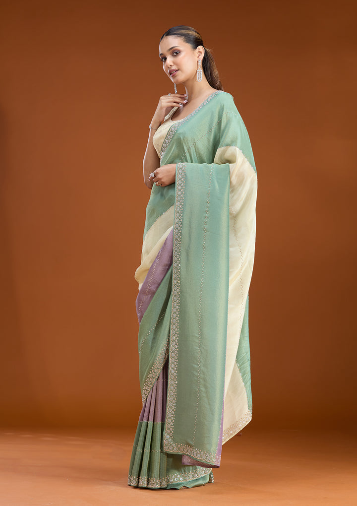 Teal Green Tissue Silver Stonework Saree With Matching Blouse Piece