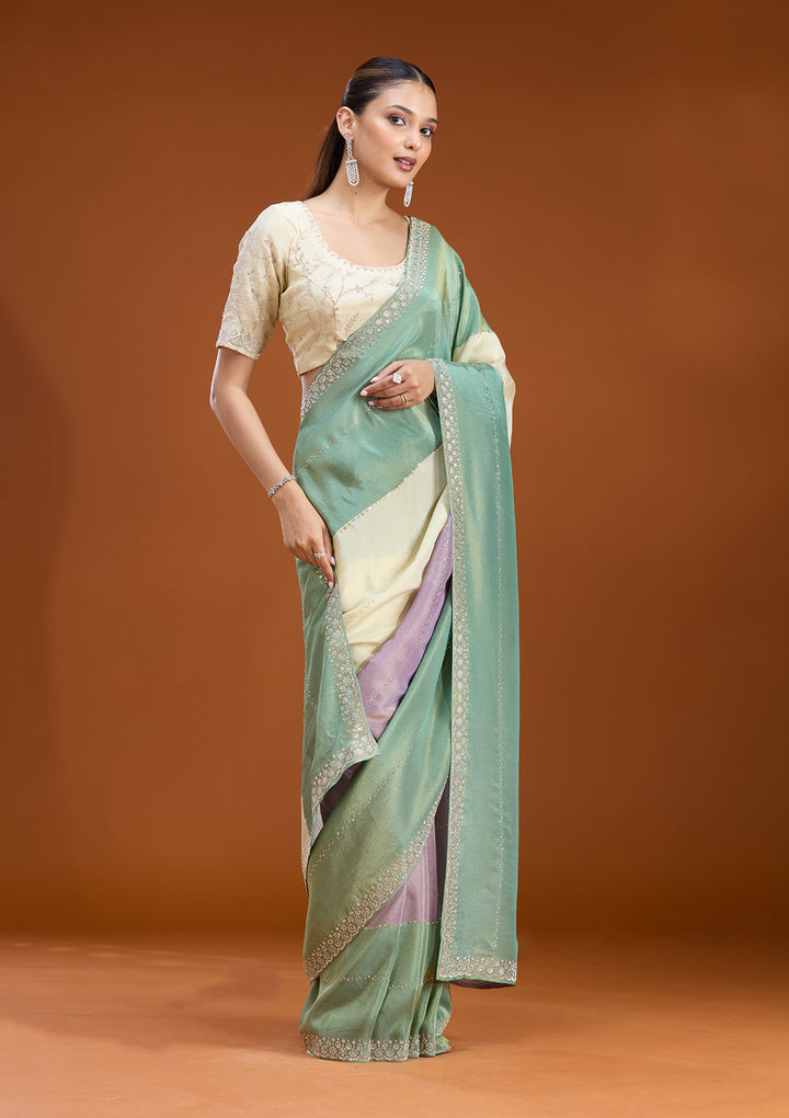 Teal Green Tissue Silver Stonework Saree With Matching Blouse Piece