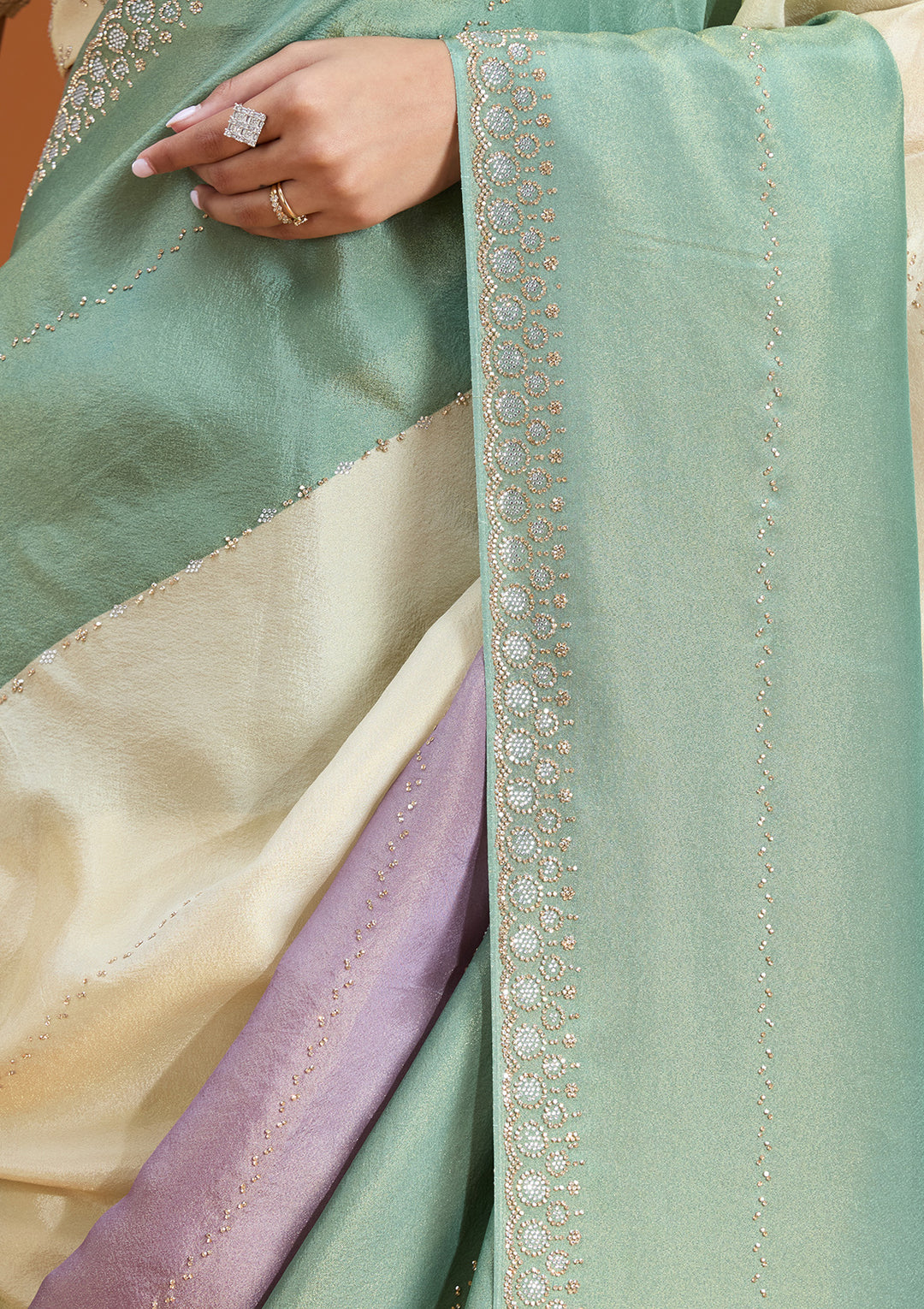 Teal Green Tissue Silver Stonework Saree With Matching Blouse Piece
