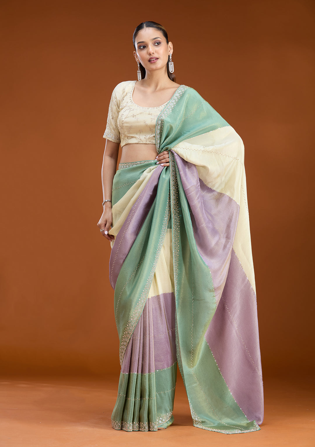 Teal Green Tissue Silver Stonework Saree With Matching Blouse Piece