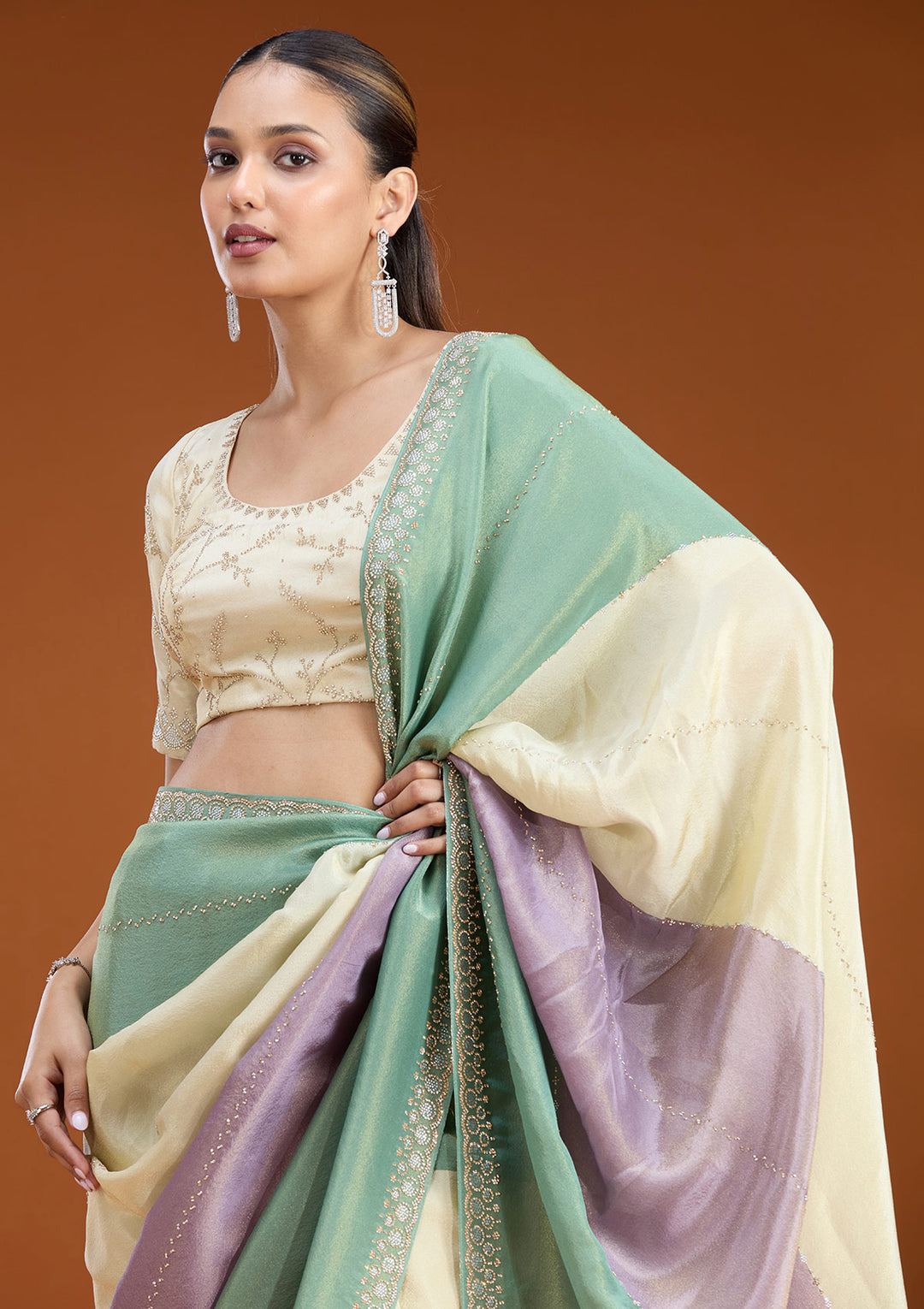 Teal Green Tissue Silver Stonework Saree With Matching Blouse Piece