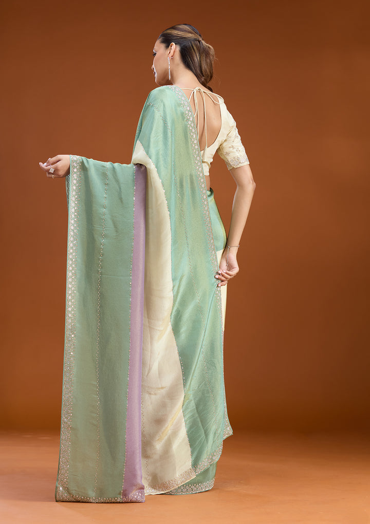 Teal Green Tissue Silver Stonework Saree With Matching Blouse Piece