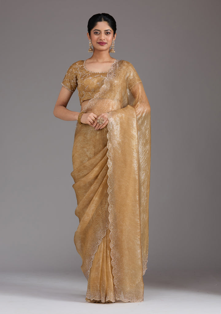 Gold Tissue Gold Stonework Saree With Matching Blouse Piece