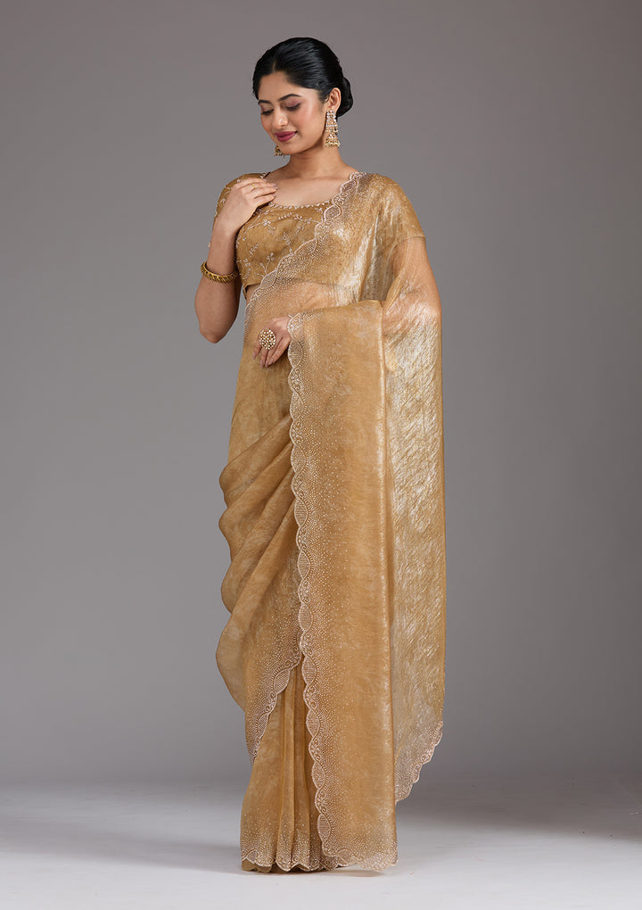 Gold Tissue Gold Stonework Saree With Matching Blouse Piece