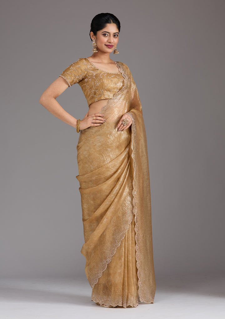 Gold Tissue Gold Stonework Saree With Matching Blouse Piece
