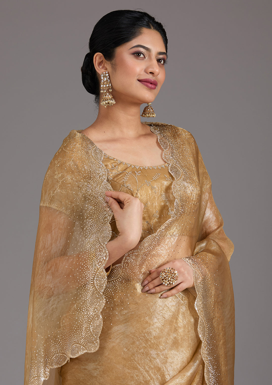 Gold Tissue Gold Stonework Saree With Matching Blouse Piece