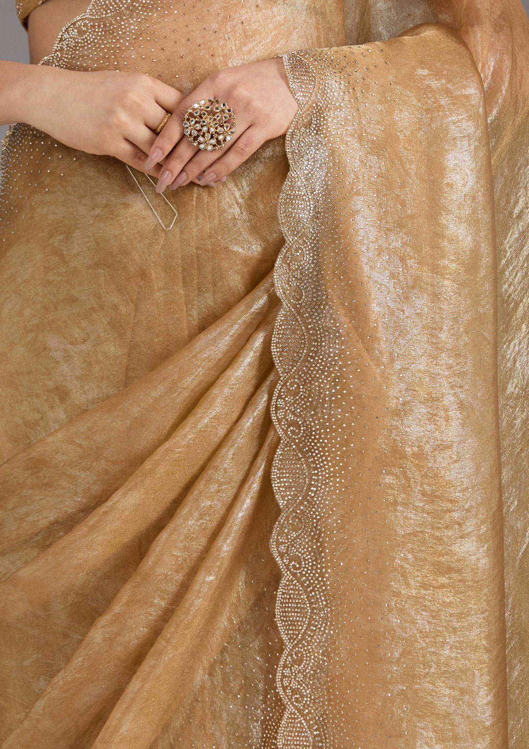 Gold Tissue Gold Stonework Saree With Matching Blouse Piece