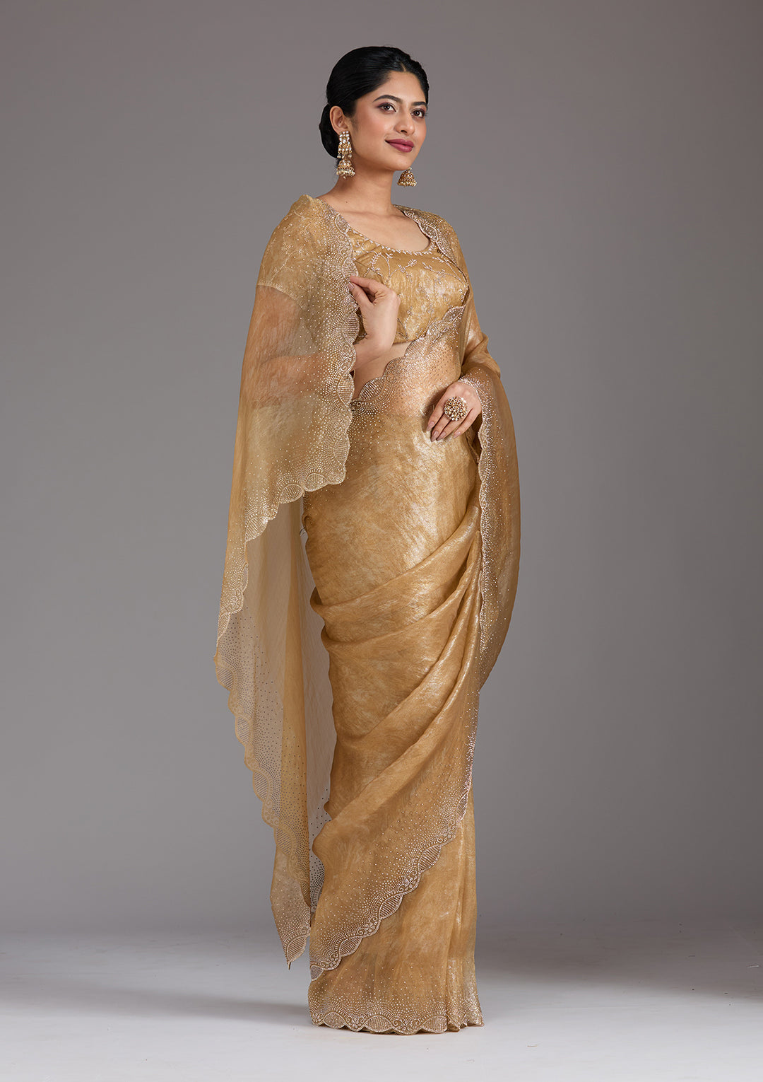 Gold Tissue Gold Stonework Saree With Matching Blouse Piece