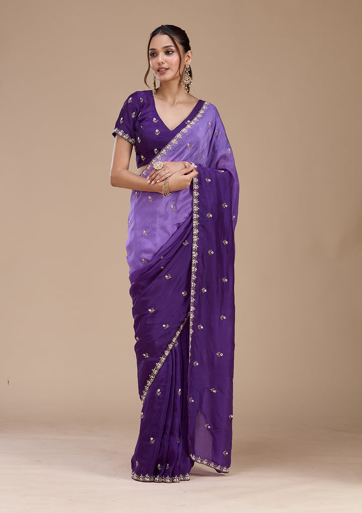 Purple Satin Aariwork Saree With Matching Blouse Piece