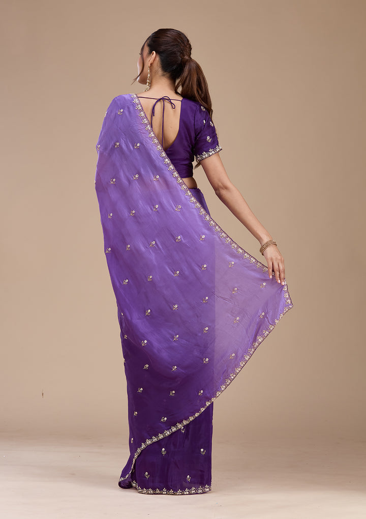 Purple Satin Aariwork Saree With Matching Blouse Piece