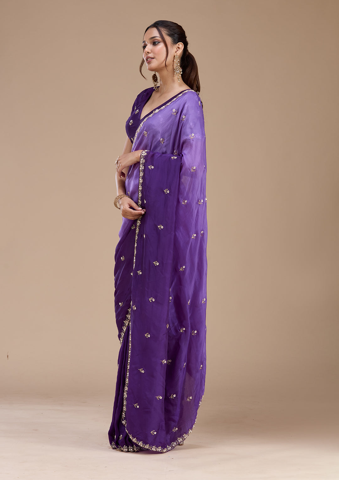 Purple Satin Aariwork Saree With Matching Blouse Piece