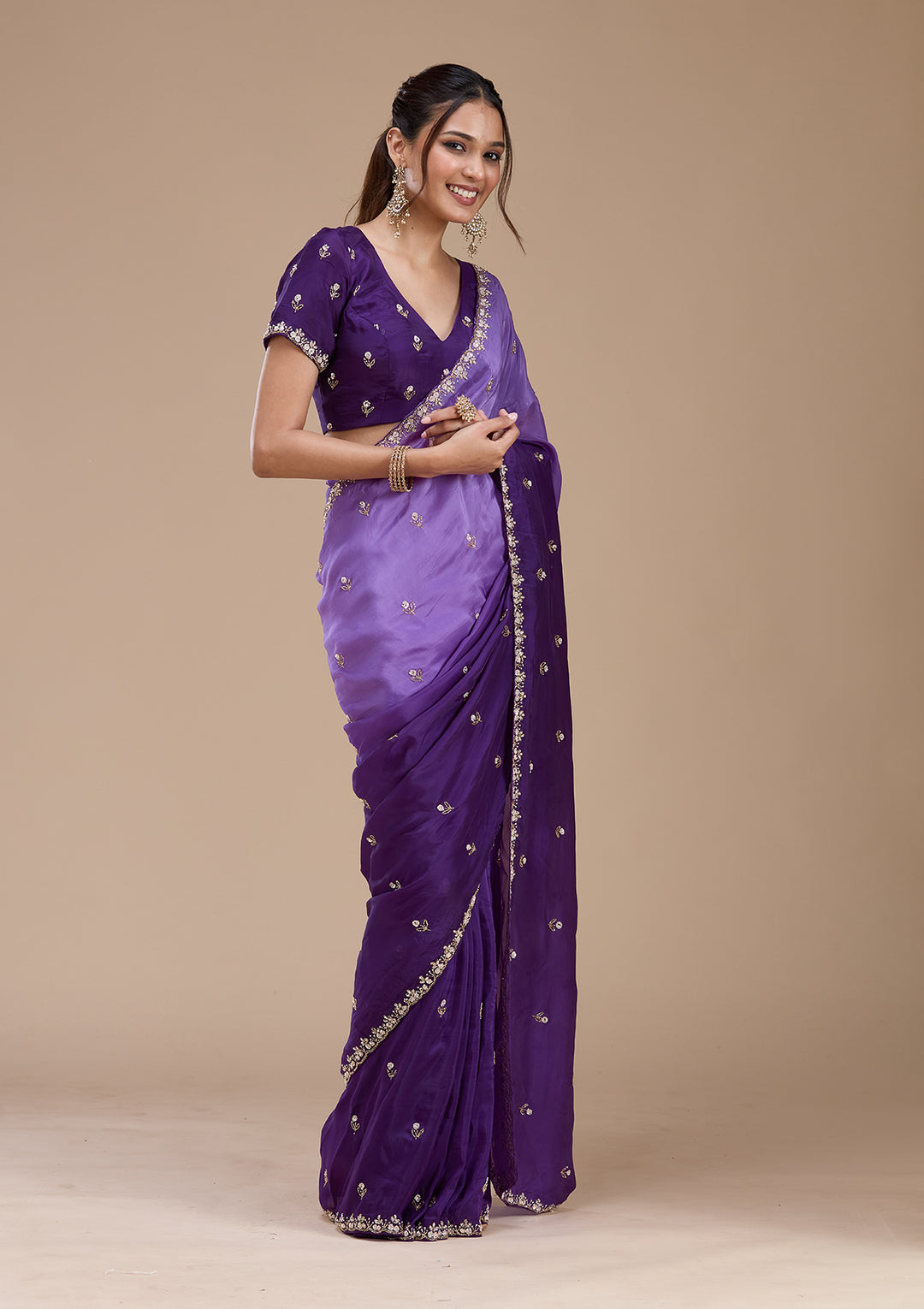 Purple Satin Aariwork Saree With Matching Blouse Piece