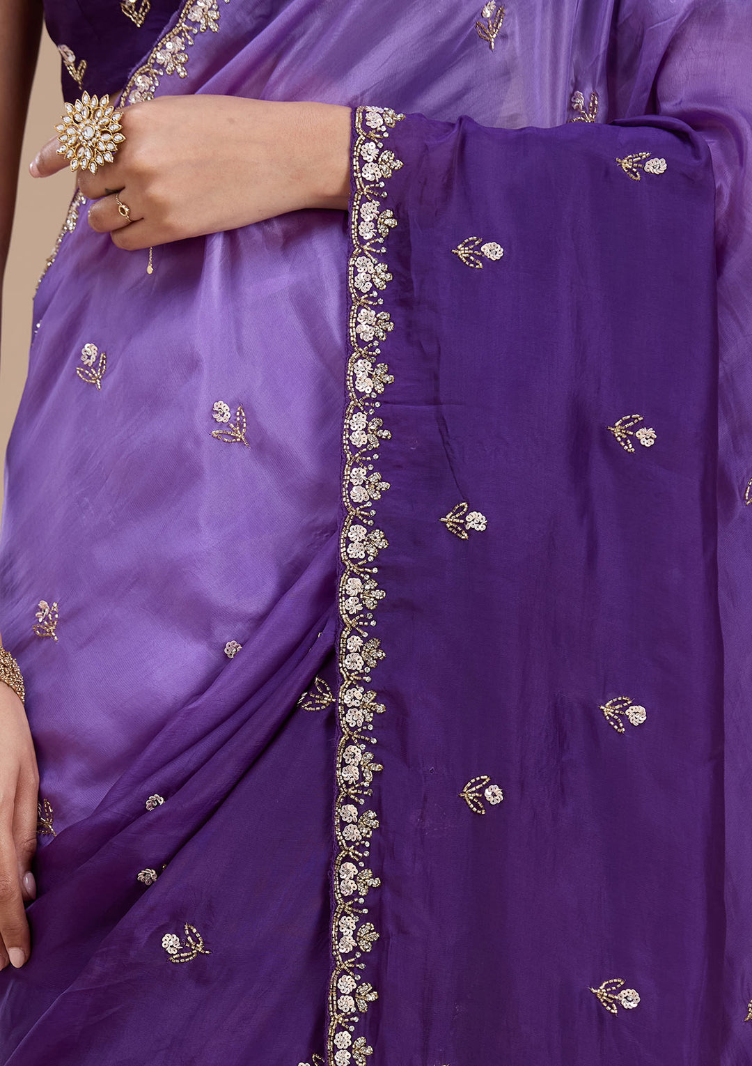 Purple Satin Aariwork Saree With Matching Blouse Piece
