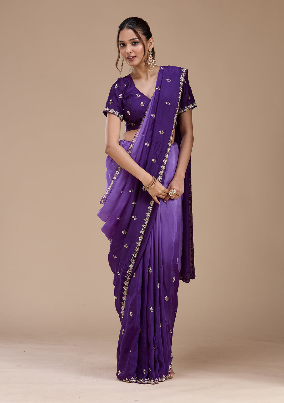 Purple Satin Aariwork Saree With Matching Blouse Piece