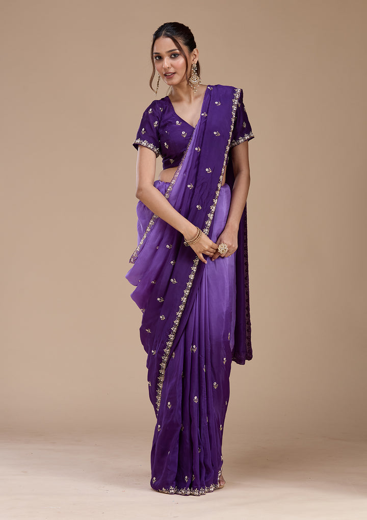 Purple Satin Aariwork Saree With Matching Blouse Piece
