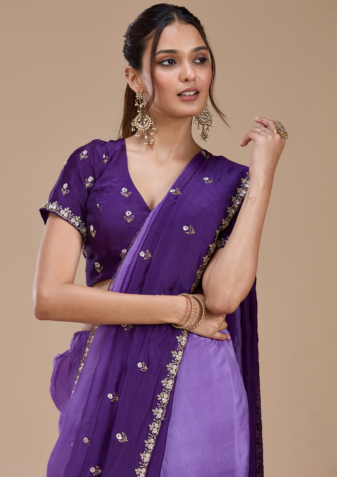 Purple Satin Aariwork Saree With Matching Blouse Piece