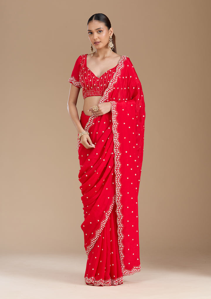 Red Satin Cutdana Saree With Matching Blouse Piece