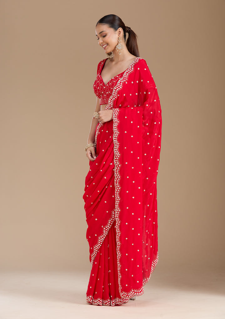 Red Satin Cutdana Saree With Matching Blouse Piece