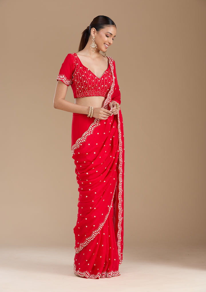Red Satin Cutdana Saree With Matching Blouse Piece