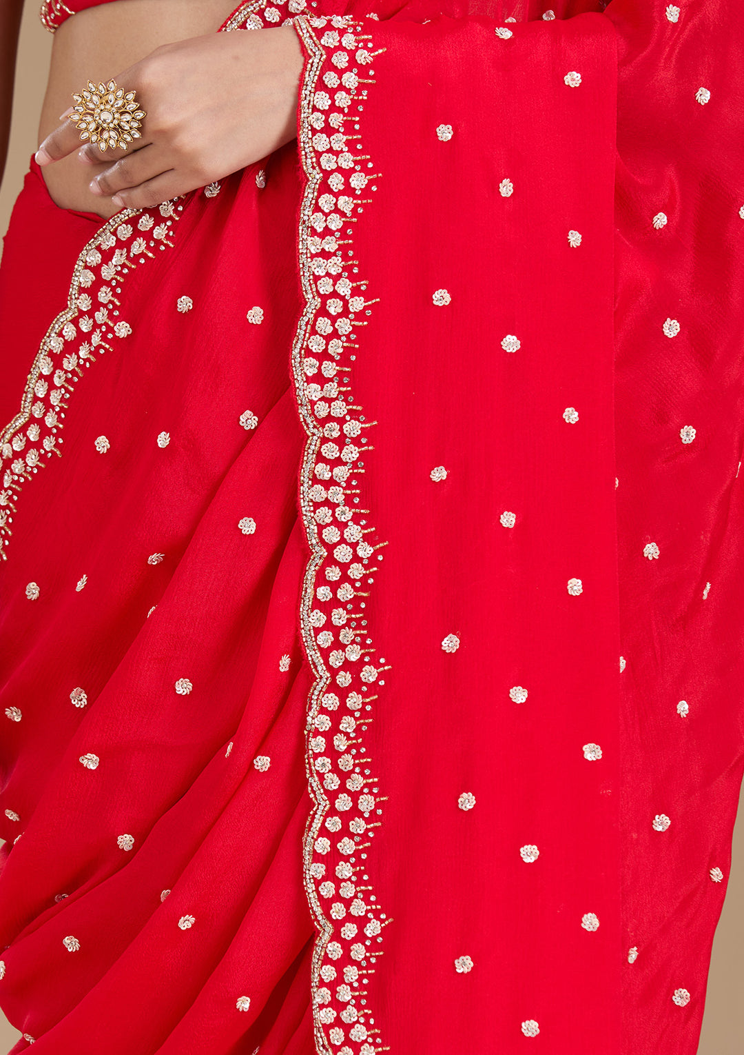 Red Satin Cutdana Saree With Matching Blouse Piece