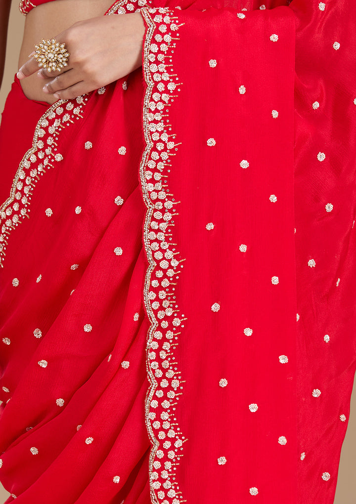 Red Satin Cutdana Saree With Matching Blouse Piece