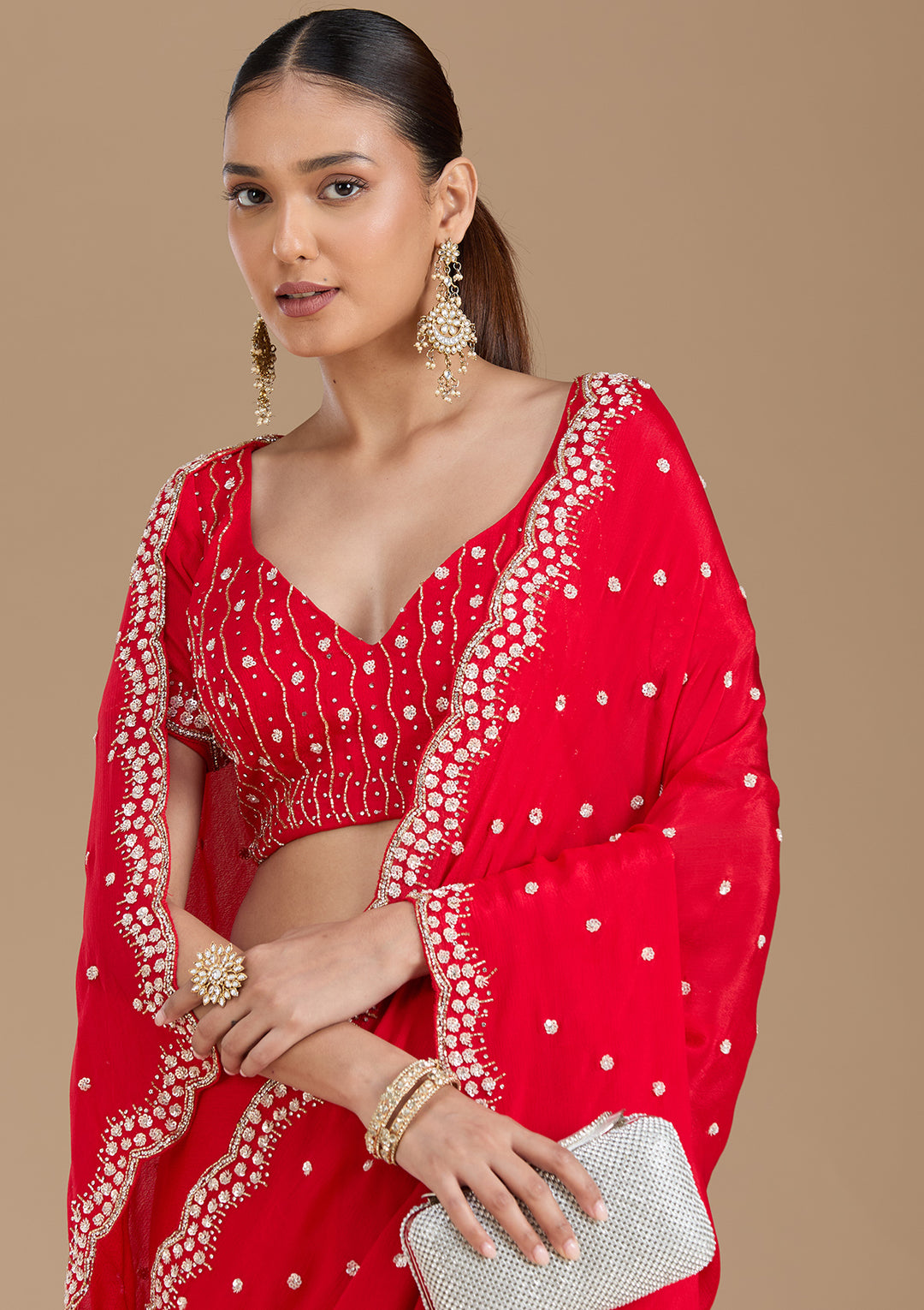 Red Satin Cutdana Saree With Matching Blouse Piece