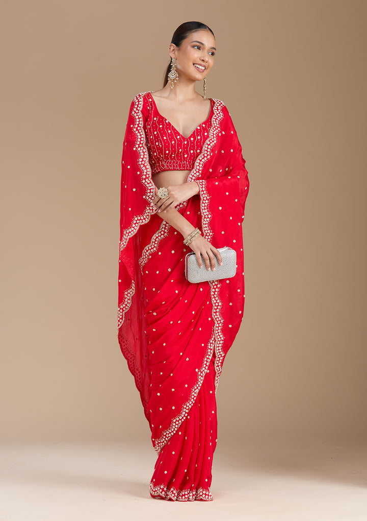 Red Satin Cutdana Saree With Matching Blouse Piece