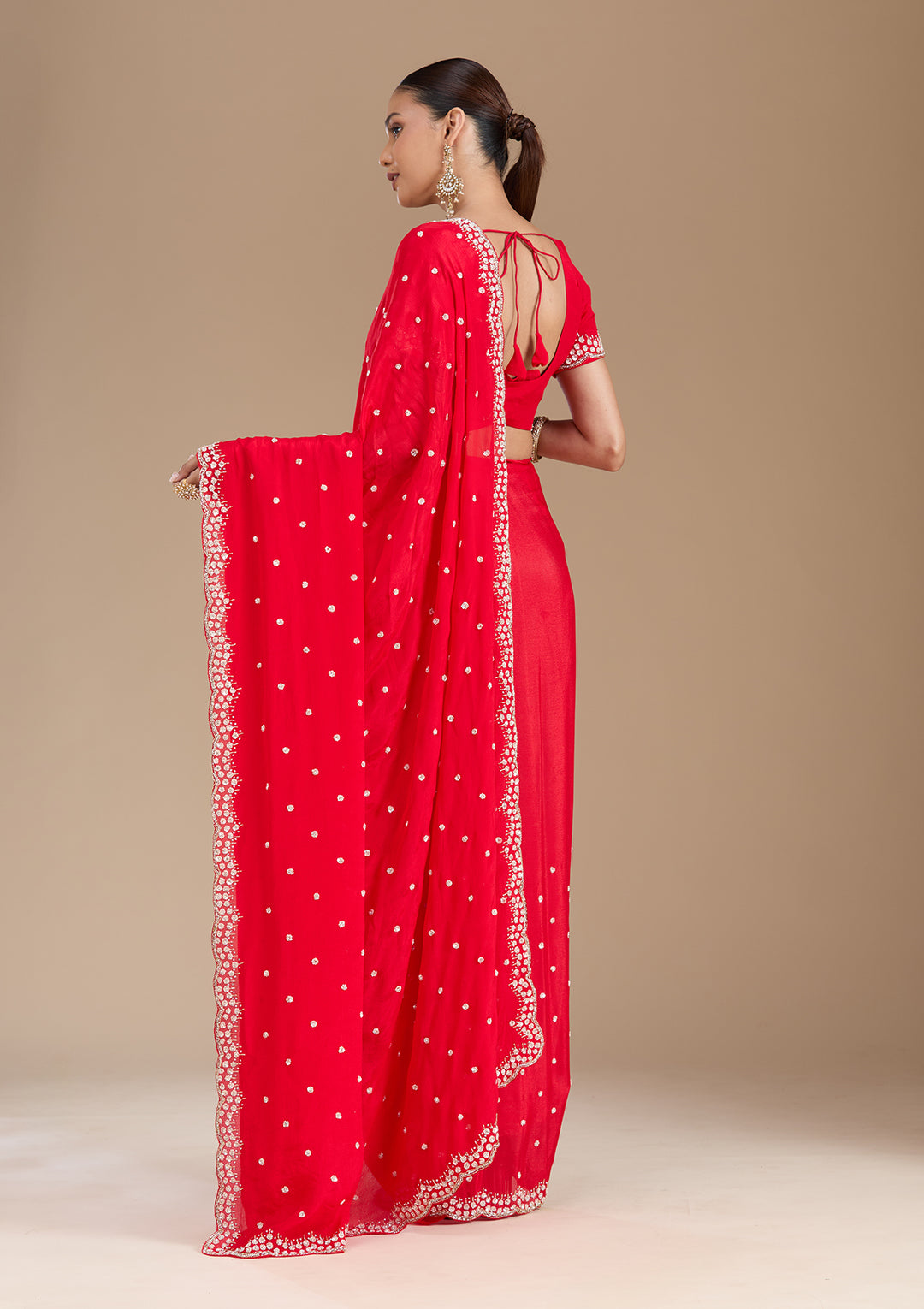 Red Satin Cutdana Saree With Matching Blouse Piece