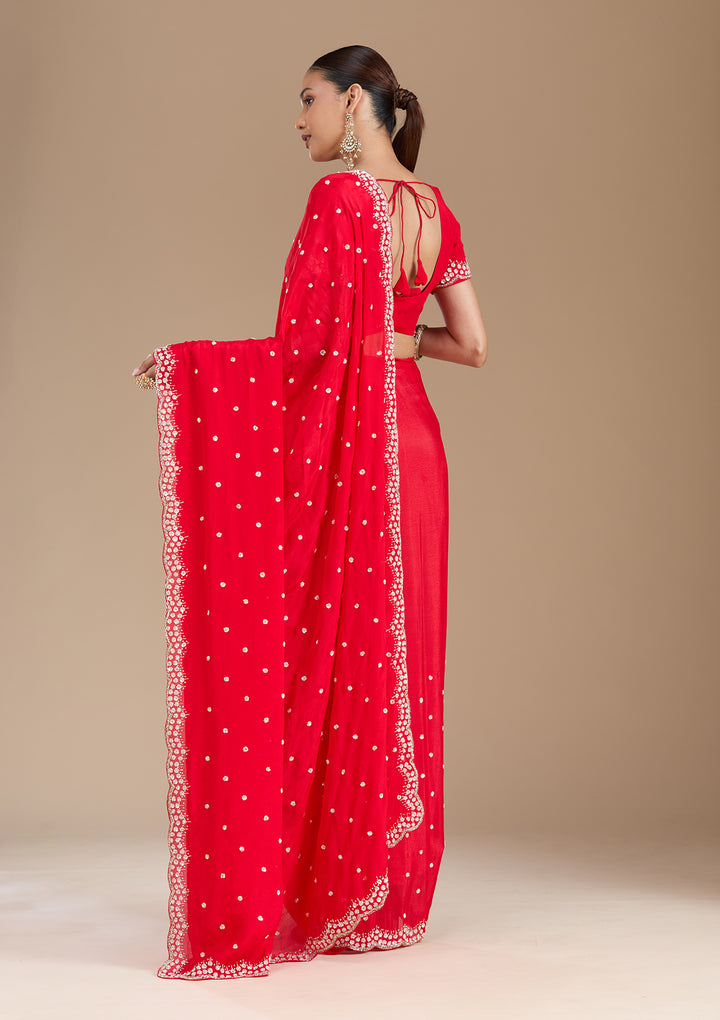 Red Satin Cutdana Saree With Matching Blouse Piece