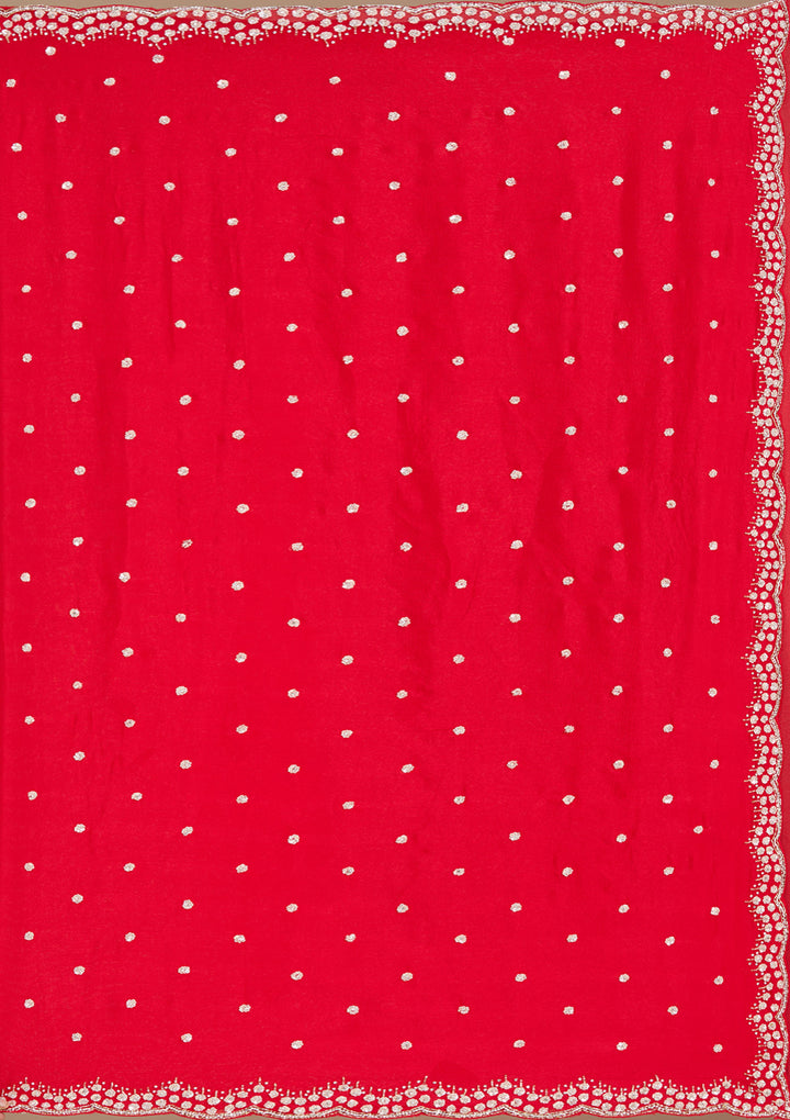 Red Satin Cutdana Saree With Matching Blouse Piece