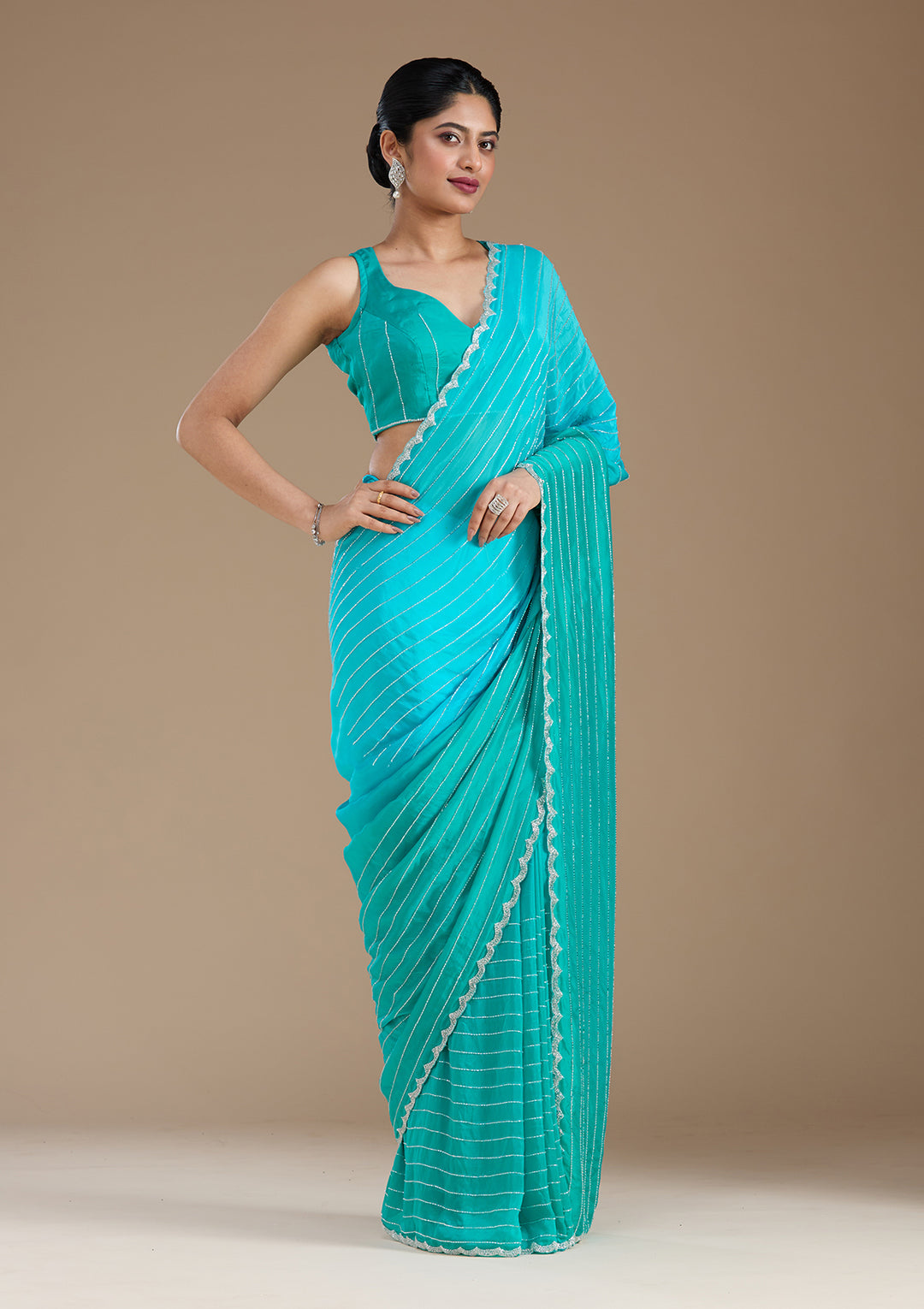 Blue Satin Cutdana Saree With Matching Blouse Piece