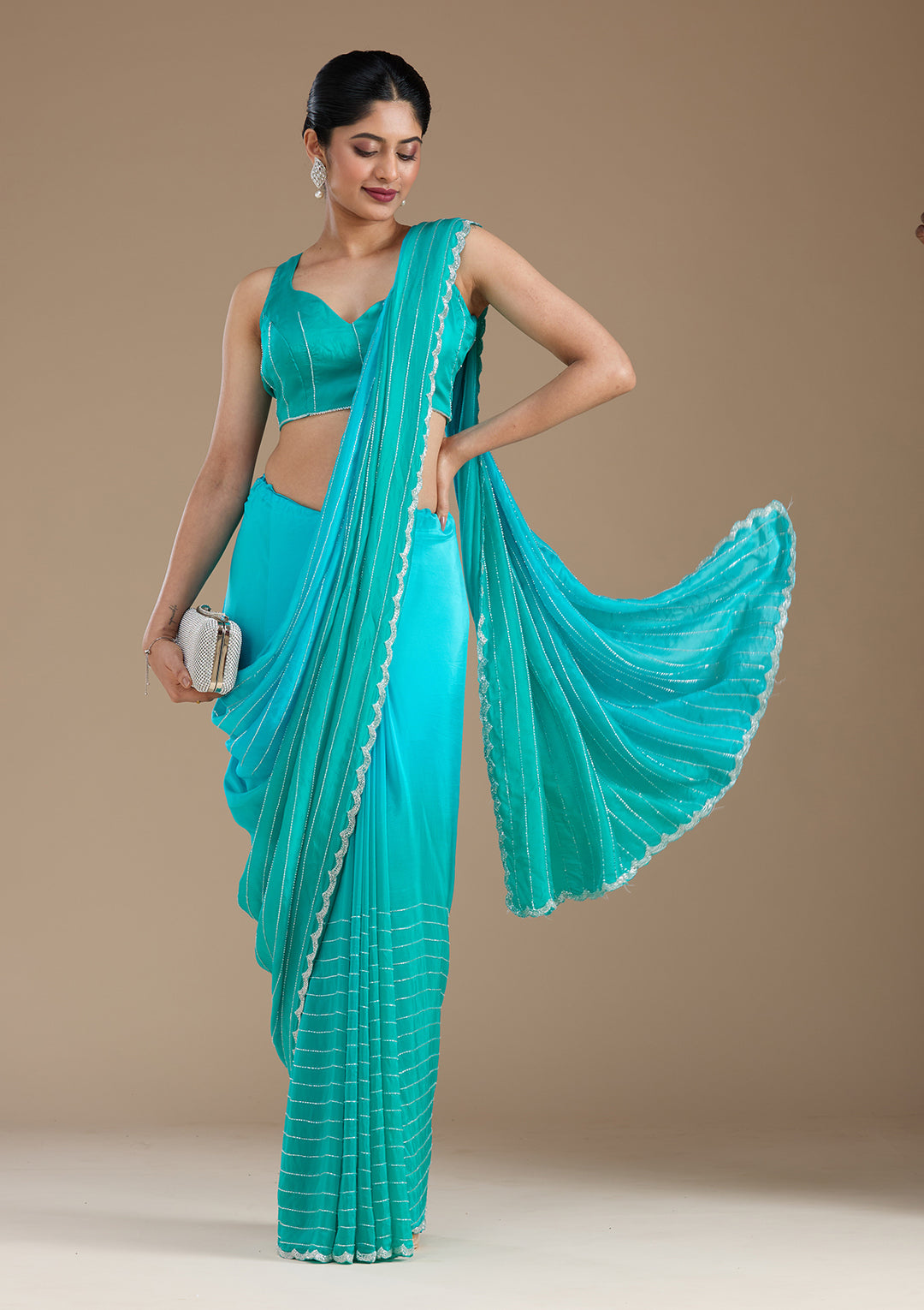 Blue Satin Cutdana Saree With Matching Blouse Piece