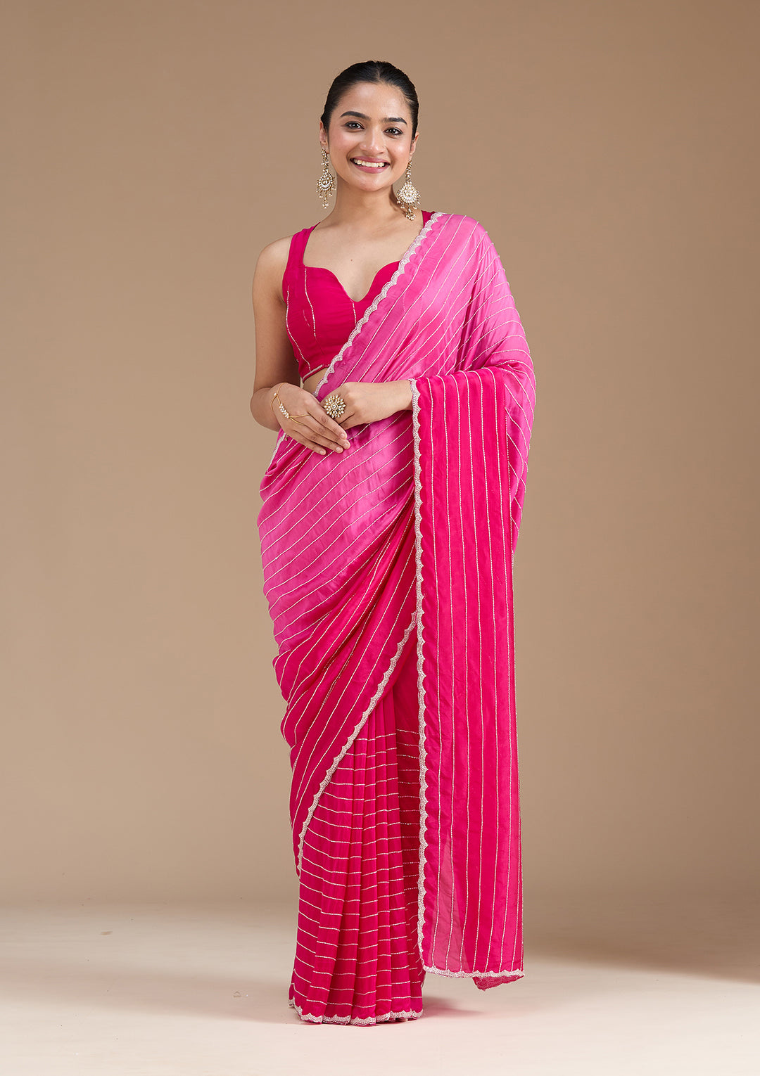 Rani Pink Satin Cutdana Saree With Matching Blouse Piece