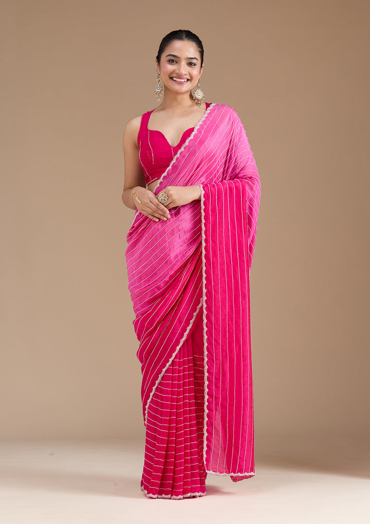 Rani Pink Satin Cutdana Saree With Matching Blouse Piece