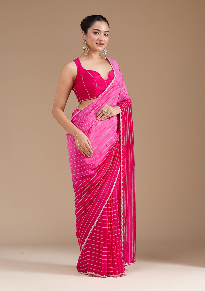 Rani Pink Satin Cutdana Saree With Matching Blouse Piece