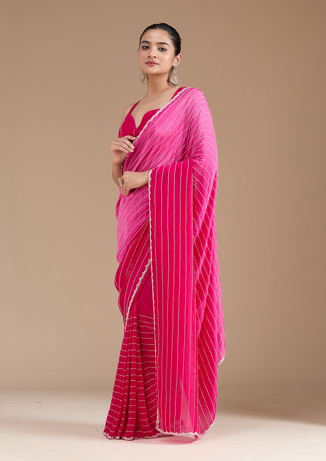 Rani Pink Satin Cutdana Saree With Matching Blouse Piece
