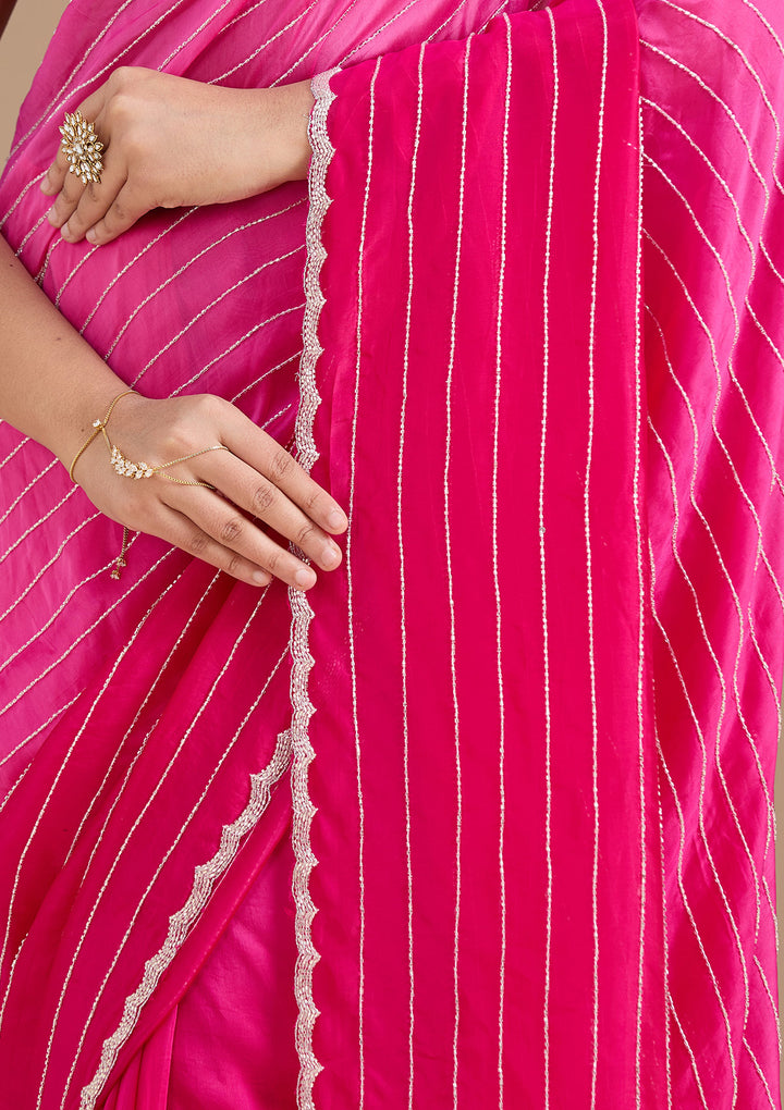 Rani Pink Satin Cutdana Saree With Matching Blouse Piece