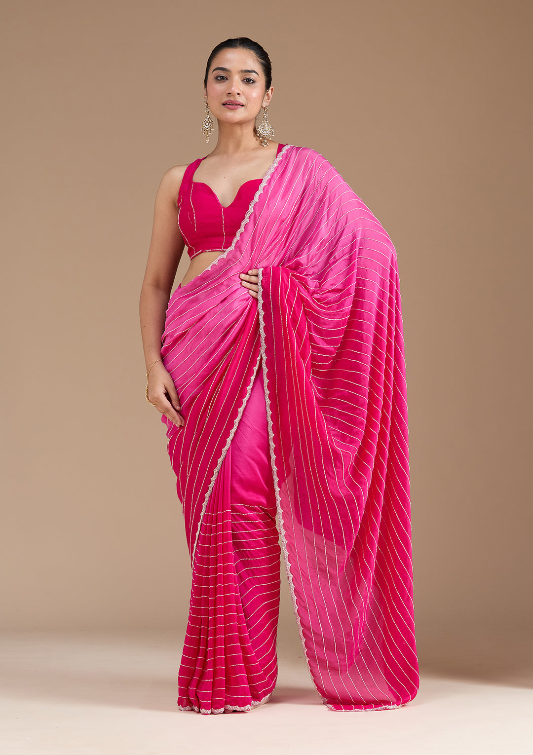 Rani Pink Satin Cutdana Saree With Matching Blouse Piece
