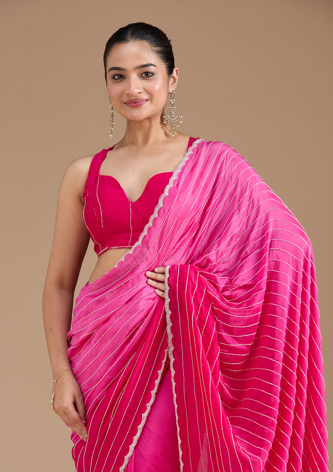 Rani Pink Satin Cutdana Saree With Matching Blouse Piece