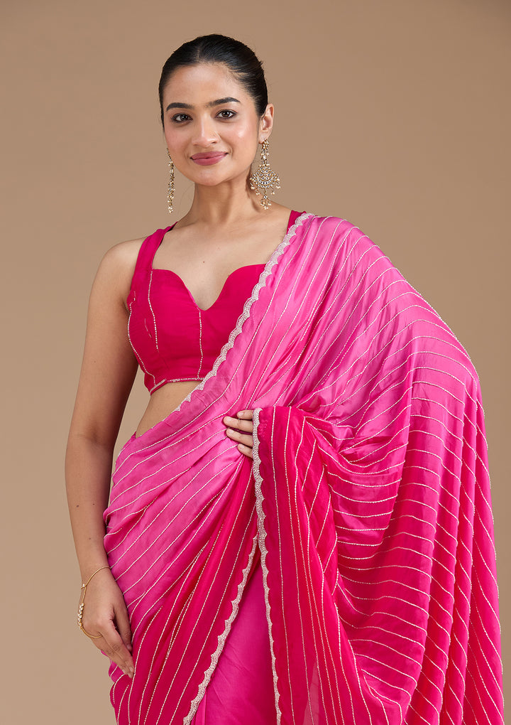 Rani Pink Satin Cutdana Saree With Matching Blouse Piece
