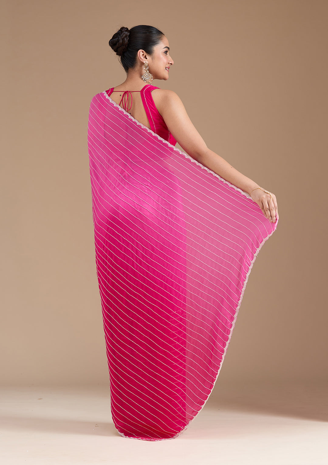 Rani Pink Satin Cutdana Saree With Matching Blouse Piece
