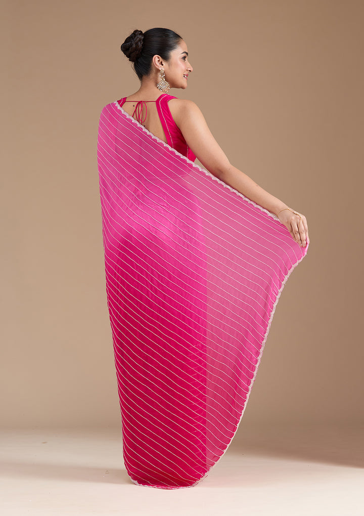 Rani Pink Satin Cutdana Saree With Matching Blouse Piece