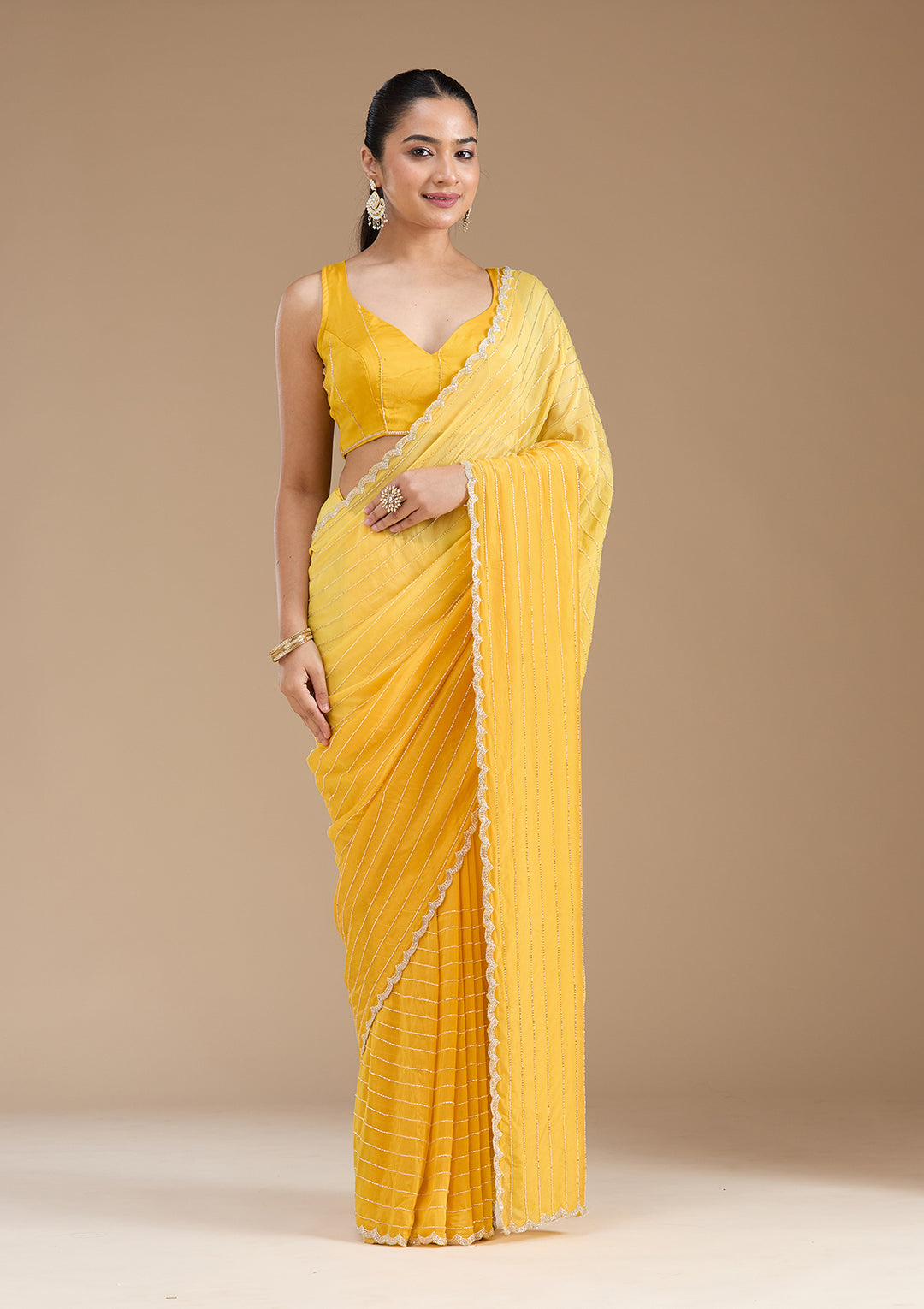 Yellow Satin Cutdana Saree With Matching Blouse Piece