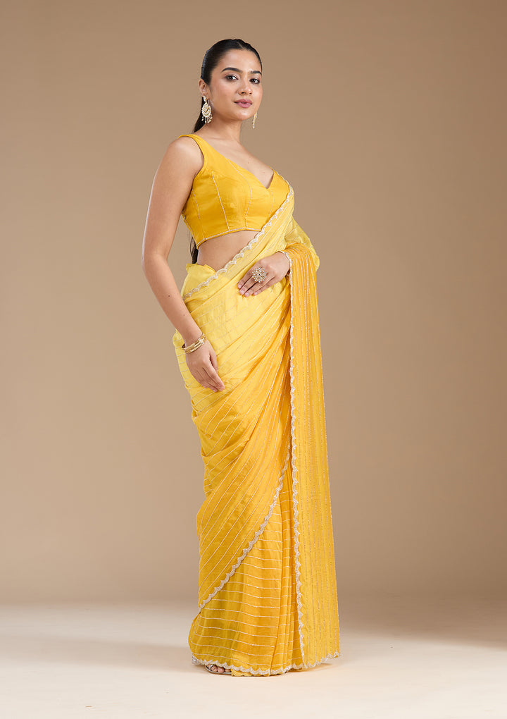 Yellow Satin Cutdana Saree With Matching Blouse Piece