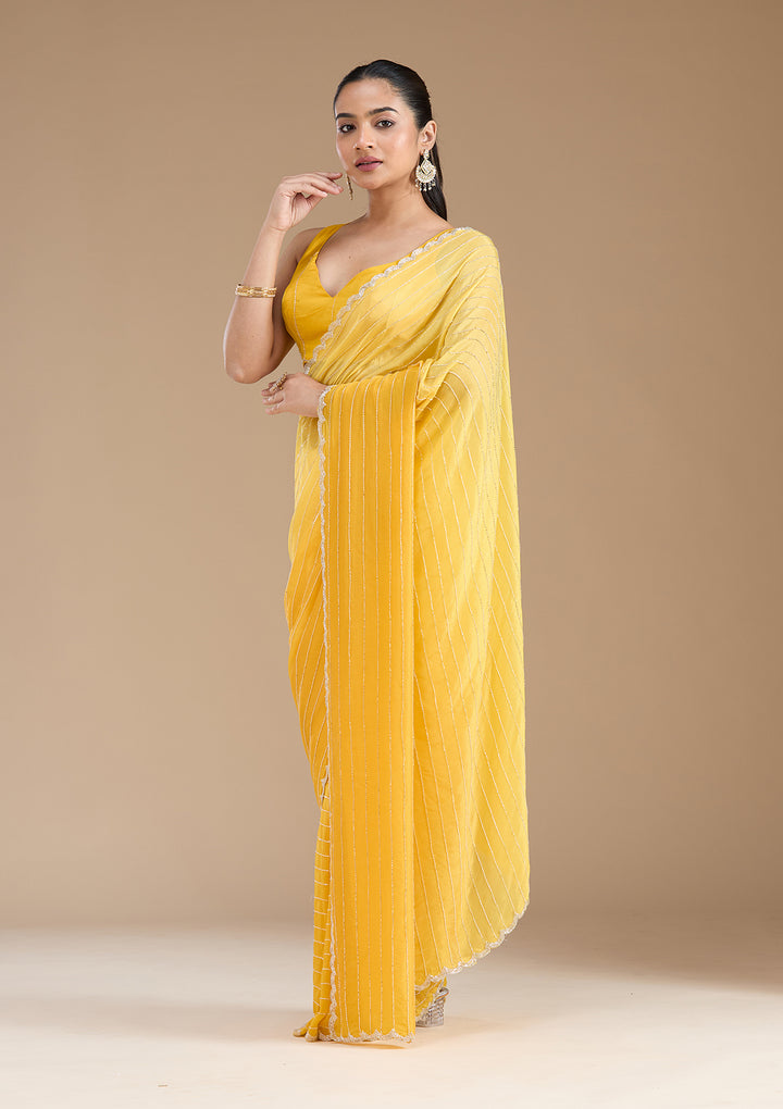 Yellow Satin Cutdana Saree With Matching Blouse Piece