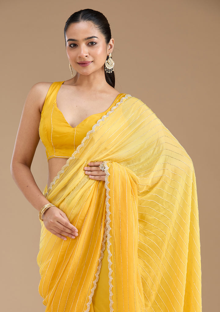 Yellow Satin Cutdana Saree With Matching Blouse Piece