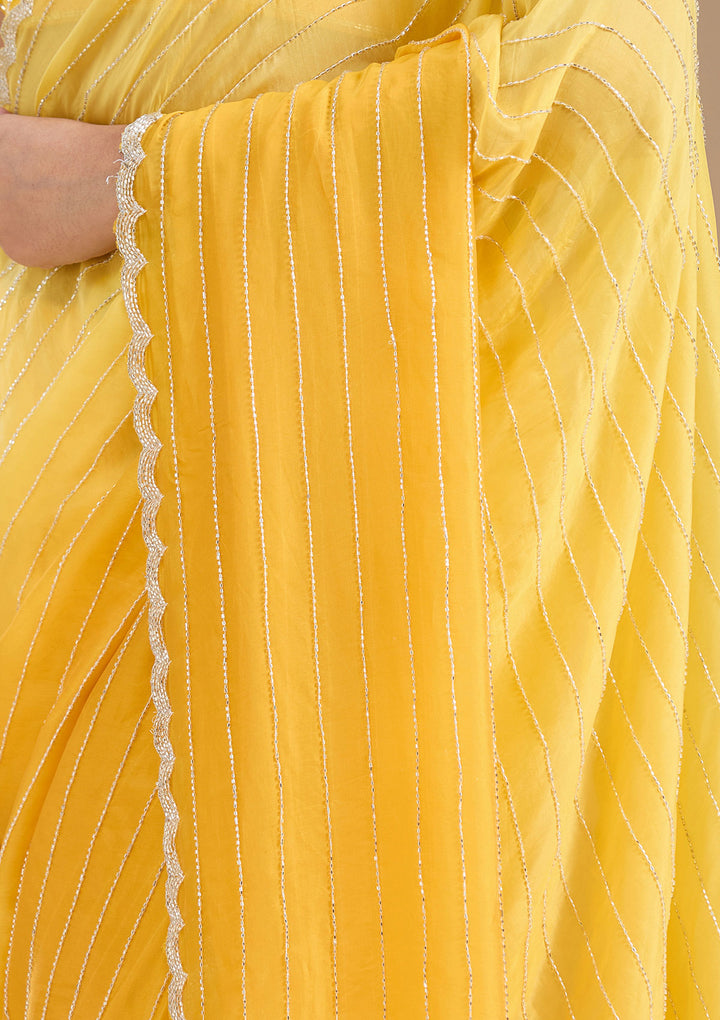 Yellow Satin Cutdana Saree With Matching Blouse Piece