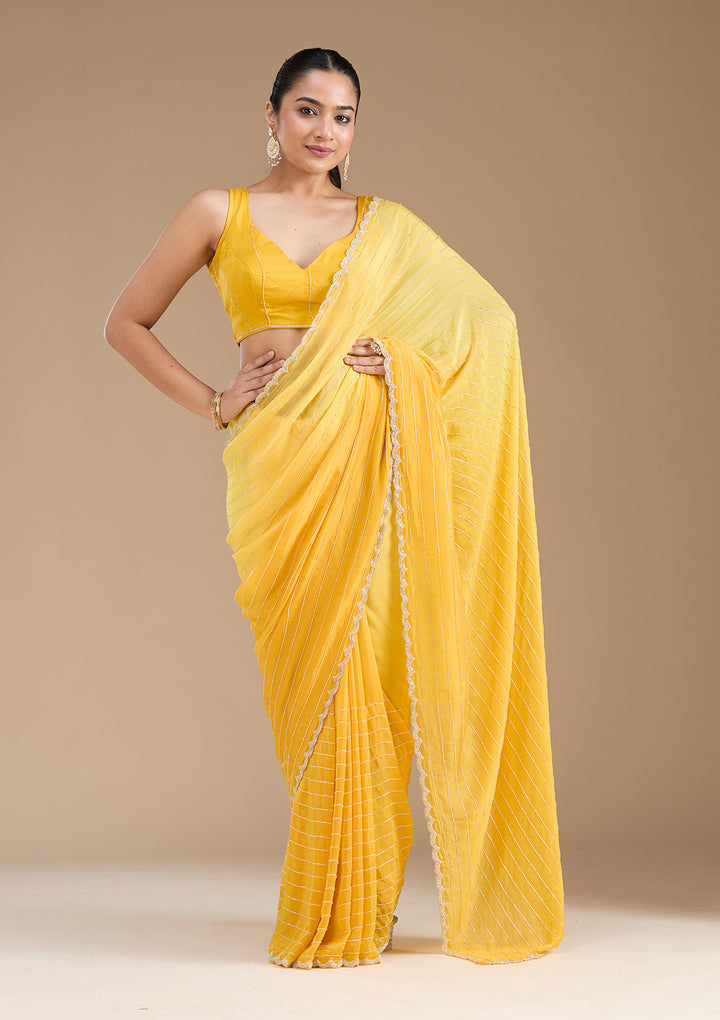 Yellow Satin Cutdana Saree With Matching Blouse Piece