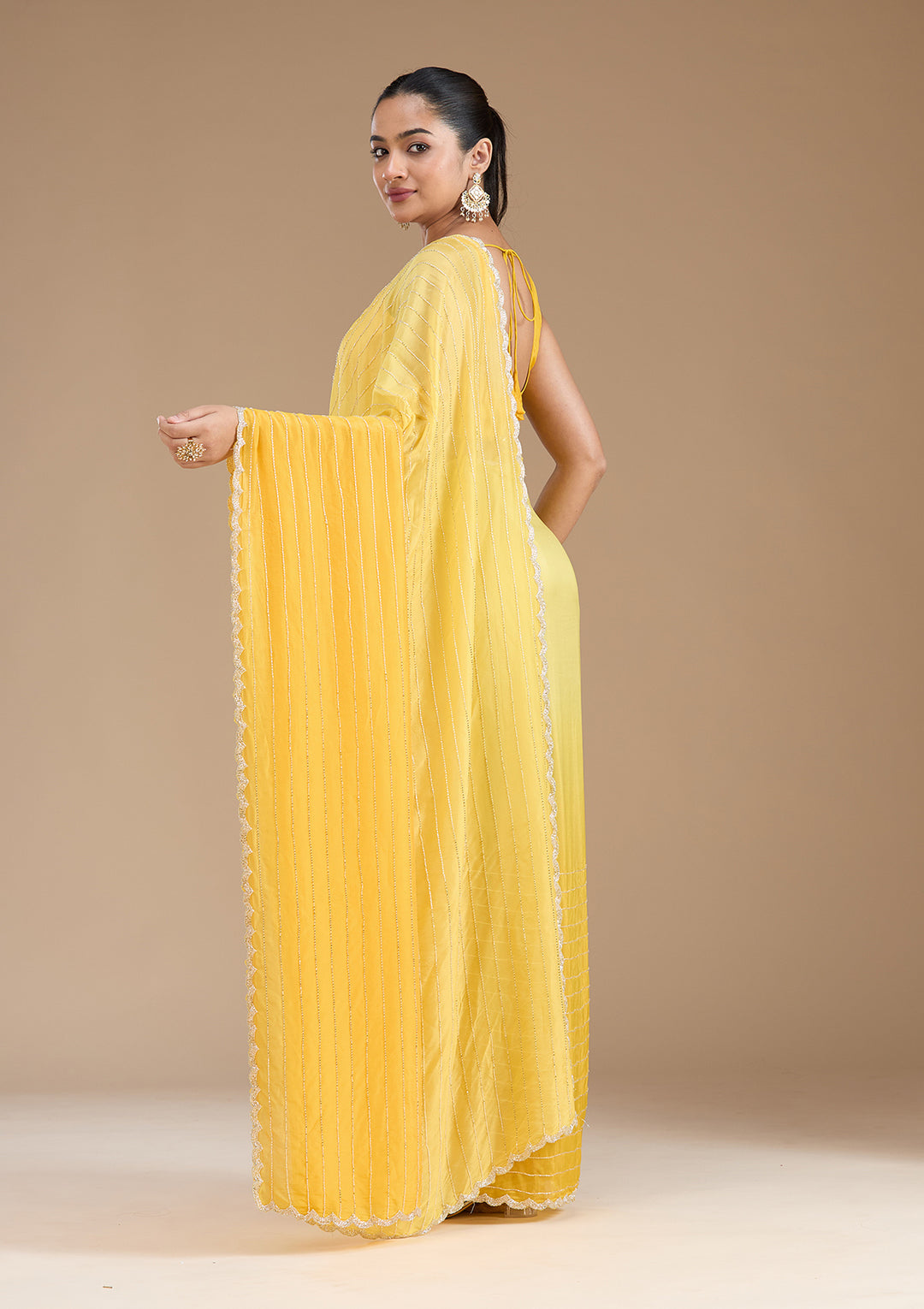 Yellow Satin Cutdana Saree With Matching Blouse Piece